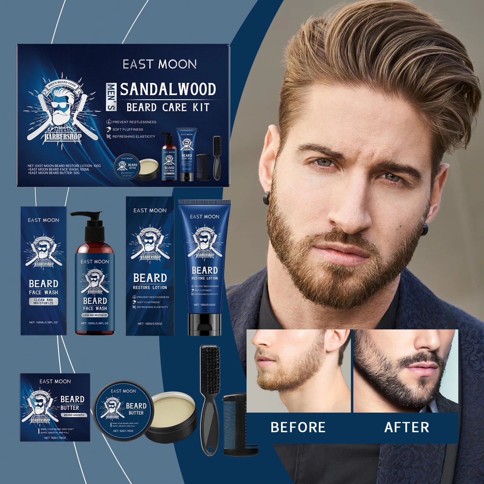 East Moon Sandalwood Beard Care Kit – Complete Beard Grooming Set for Men