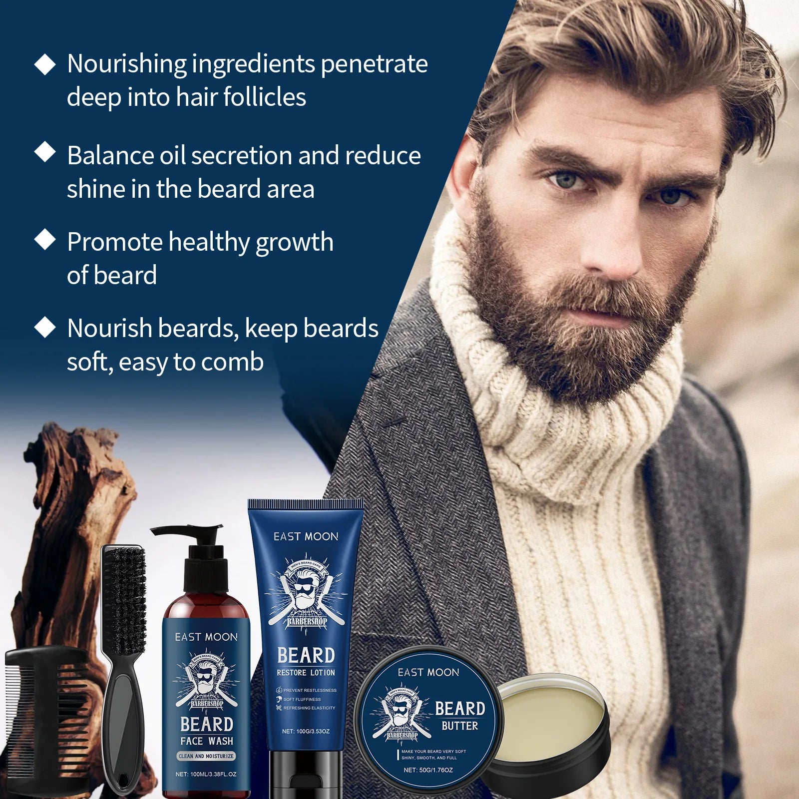 East Moon Sandalwood Beard Care Kit – Complete Beard Grooming Set for Men