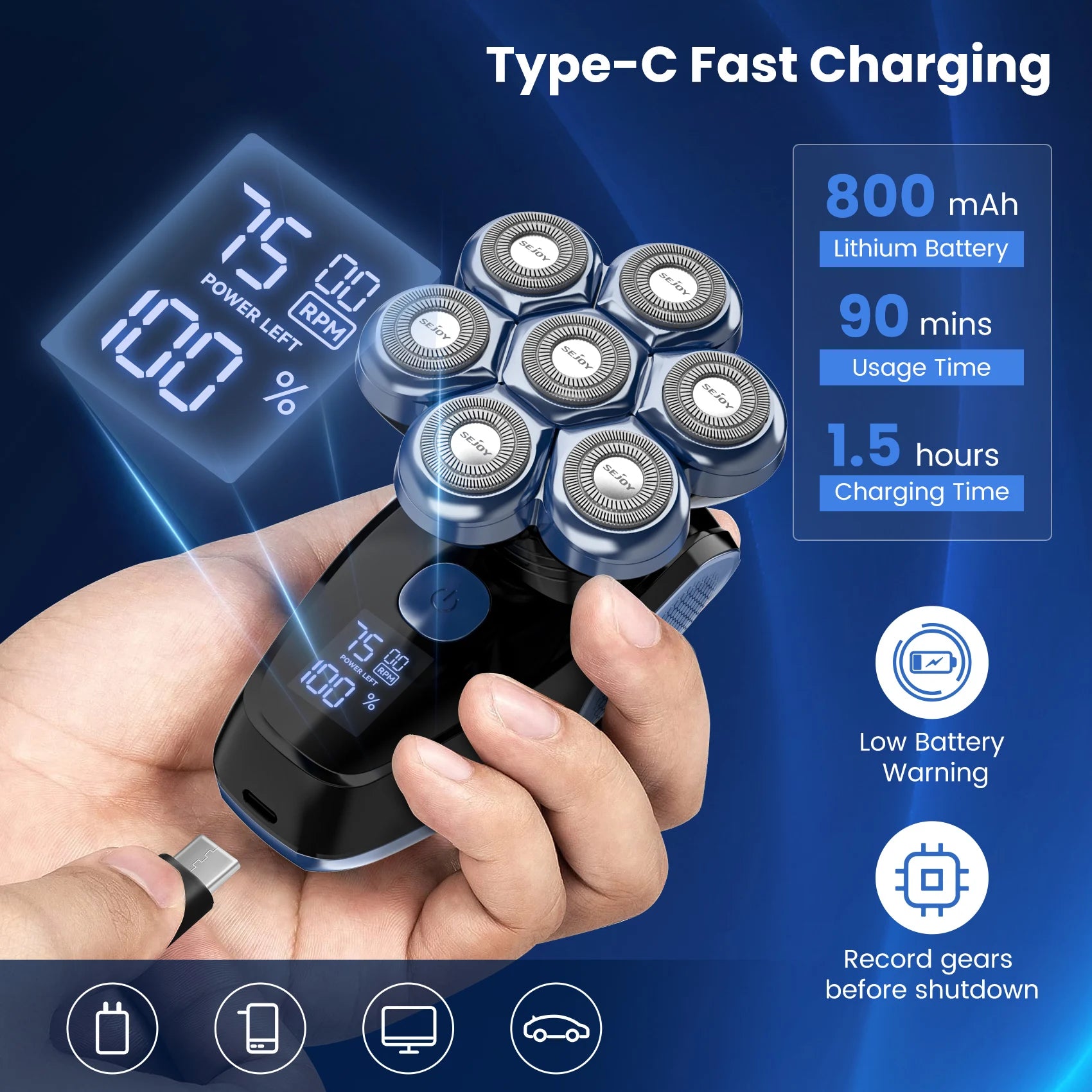 Men’s 5-in-1 Rechargeable Waterproof Electric Head Shaver
