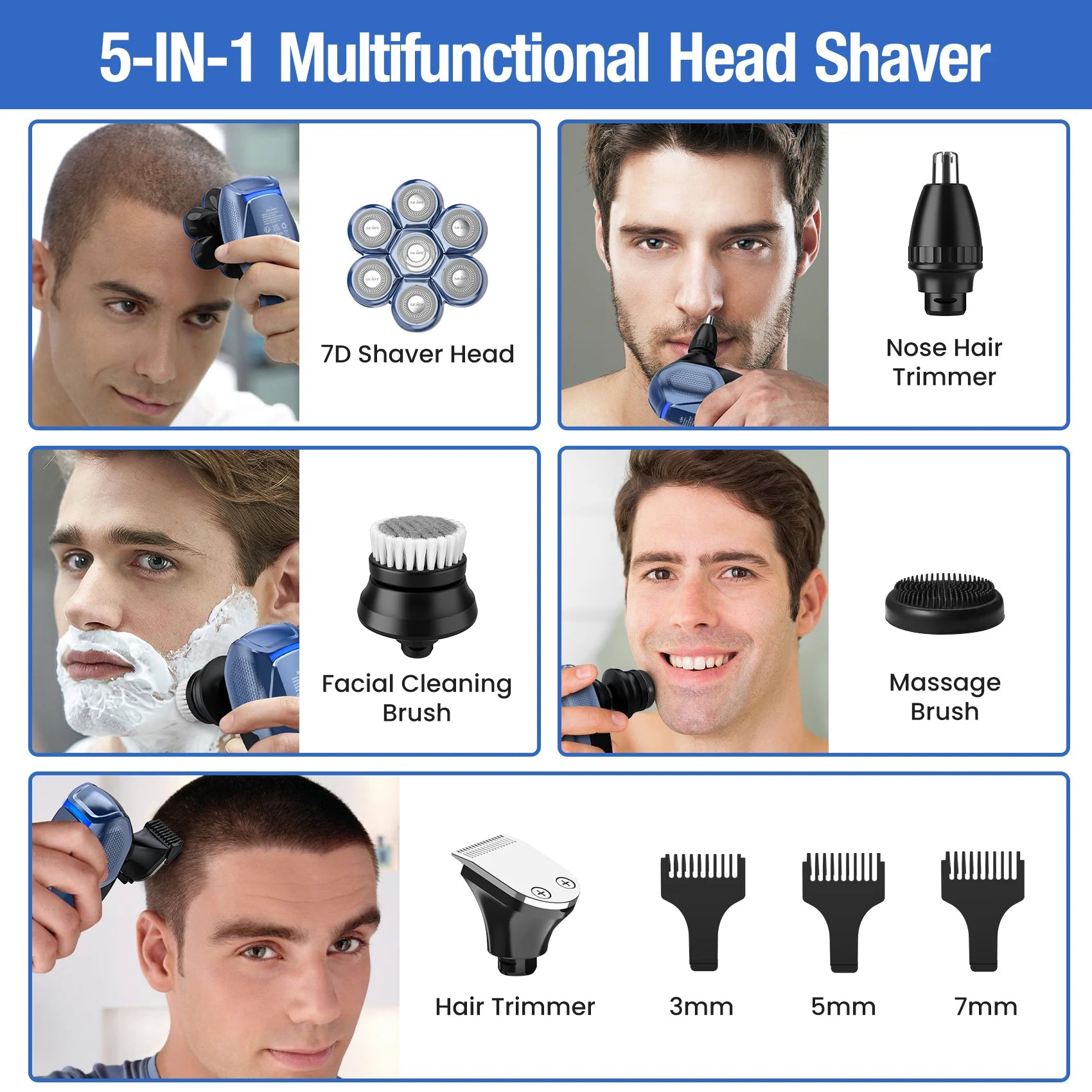 Men’s 5-in-1 Rechargeable Waterproof Electric Head Shaver