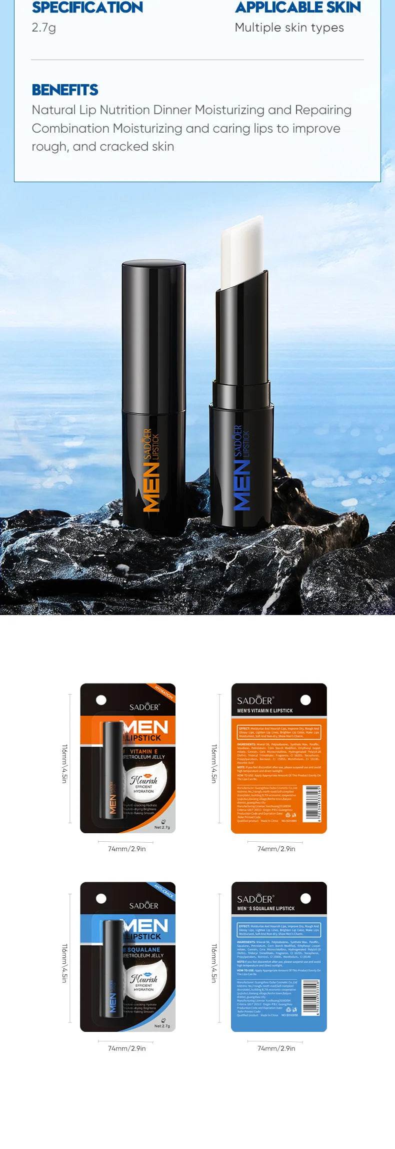 SADOER Men’s Lip Balm – Hydrating & Repairing Moisturizer for Dry, Cracked Lips